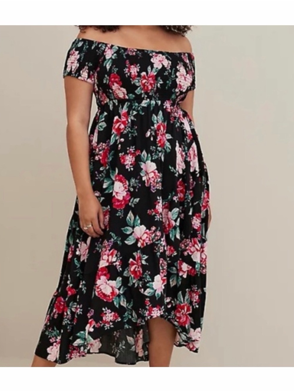 torrid Black Off-Shoulder Floral High-Low Dress